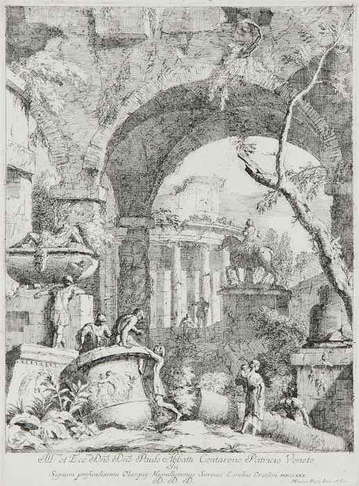 Appraisal: Marco Ricci - Classical capriccio with equestrian statue and round