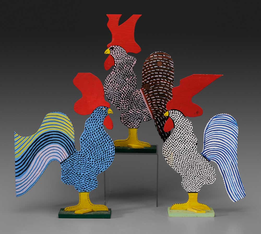 Appraisal: Three Marvin Finn Roosters Kentucky th century carved and painted