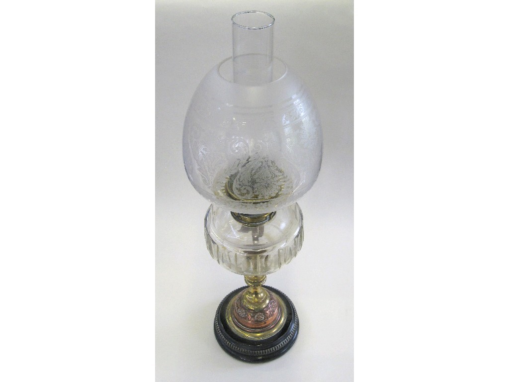 Appraisal: Victorian oil lamp with etched shade and facet cut reservoir