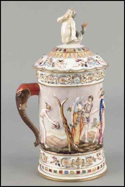 Appraisal: CAPODIMONTE PORCELAIN COVERED TANKARD Depicting a Neoclassical scene Bearing an