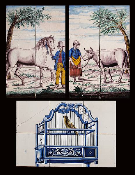 Appraisal: Three framed Dutch Delft tile pictures late th early th