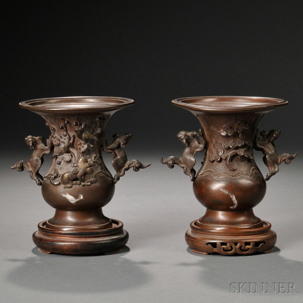 Appraisal: Pair of Bronze Vases Japan early th century bottle shape