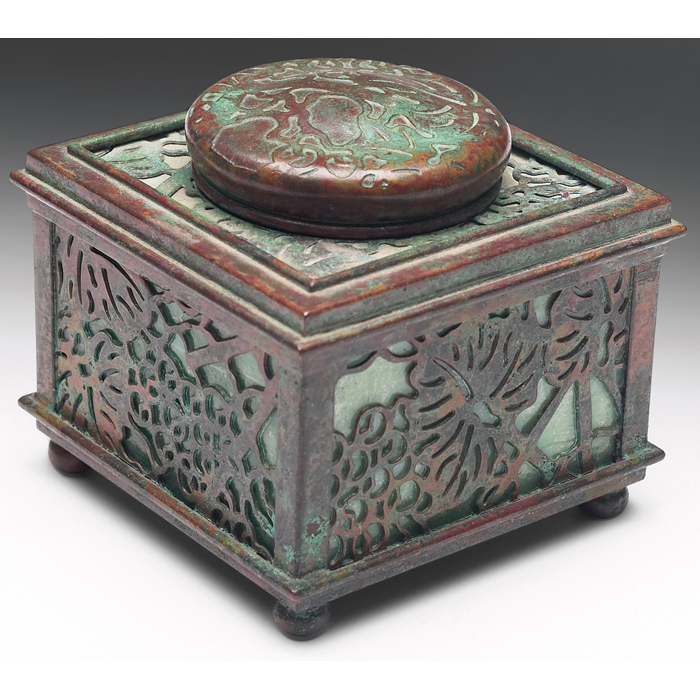 Appraisal: Tiffany Studios inkwell bronze in the grapevine pattern over green