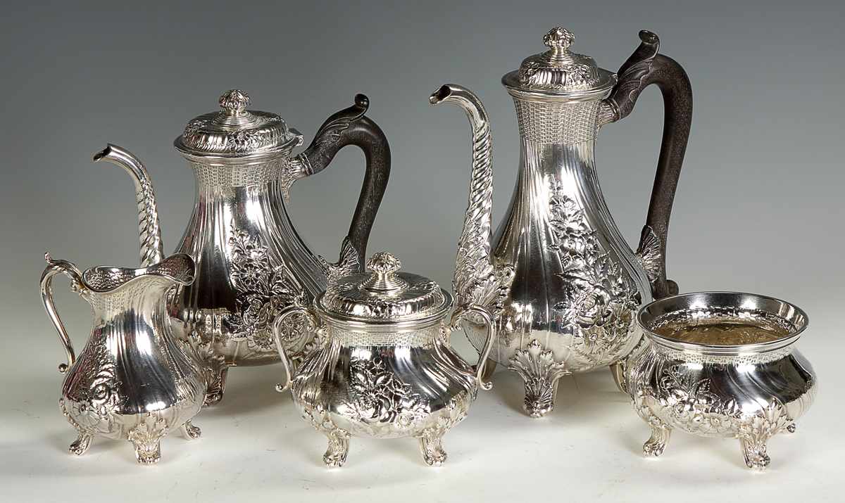 Appraisal: Gorham Sterling Silver -Pc Tea Set Floral basket weave shell