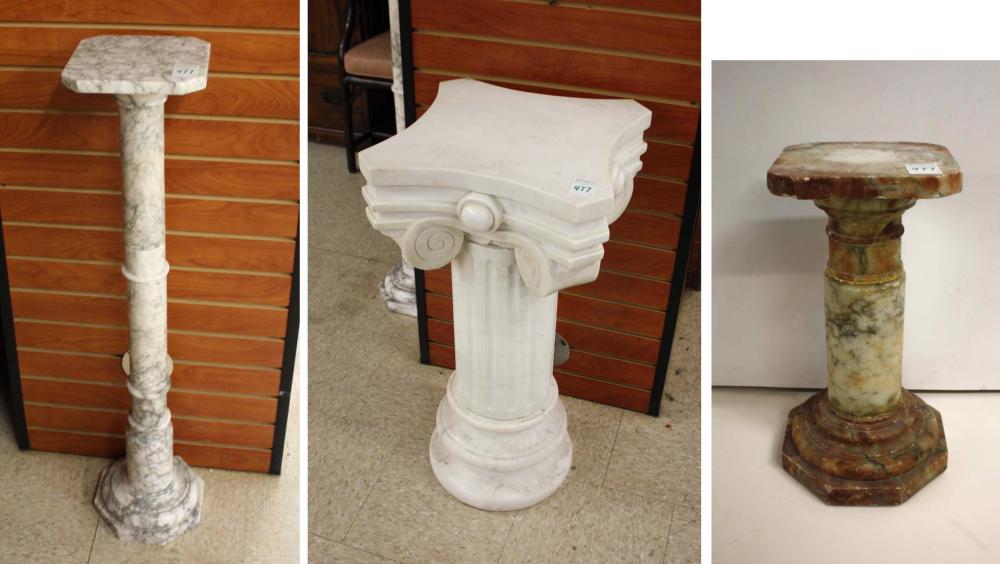 Appraisal: THREE MARBLE COLUMN PEDESTALS gray white pedestal with square top