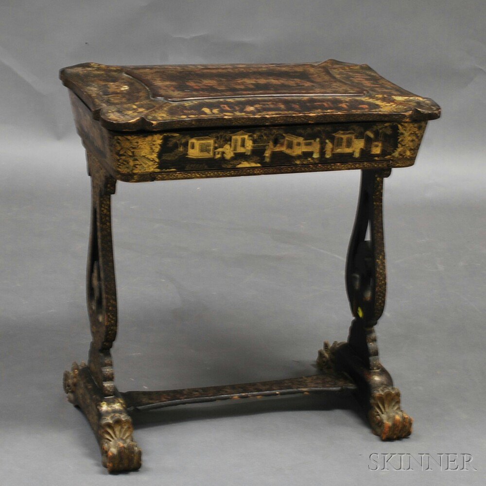 Appraisal: Chinese Export Lacquered Sewing Table th century the shaped top