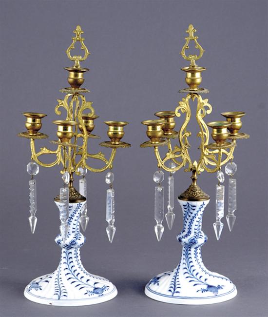 Appraisal: Pair Meissen porcelain and brass candelabra first quarter th centuryfive-light