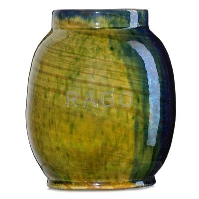 Appraisal: GEORGE OHR Barrel-shaped vase of scroddled clay with amber and