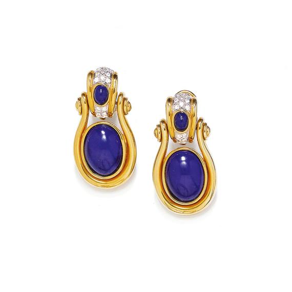 Appraisal: LAPIS LAZULI AND DIAMOND EAR PENDANTS Yellow gold Casual-elegant ear