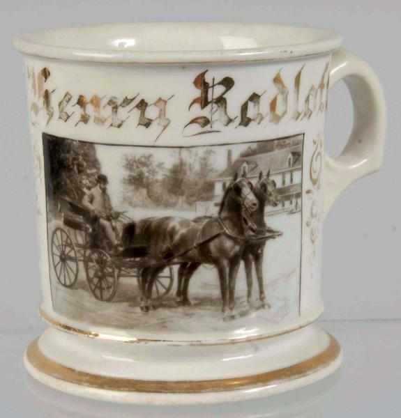 Appraisal: Photographic Horse-Drawn Carriage Shaving Mug Description Gilt name Genru Radloff