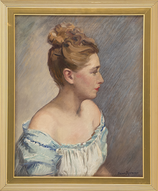 Appraisal: FRAMED PAINTING JEAN SPENCER American b Half-length portrait of a