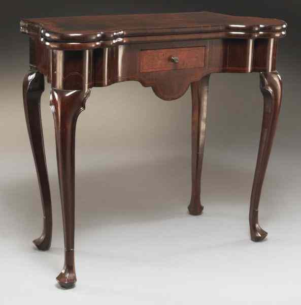 Appraisal: Queen Anne inlaid walnut game table the shaped top opening