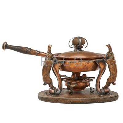 Appraisal: JOSEPH HEINRICHS CHAFING DISH Silver plate and copper with rabbit