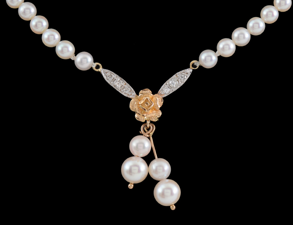 Appraisal: '' AKOYA PEARL NECKLACE WITH DIAMONDS Necklace is strung with