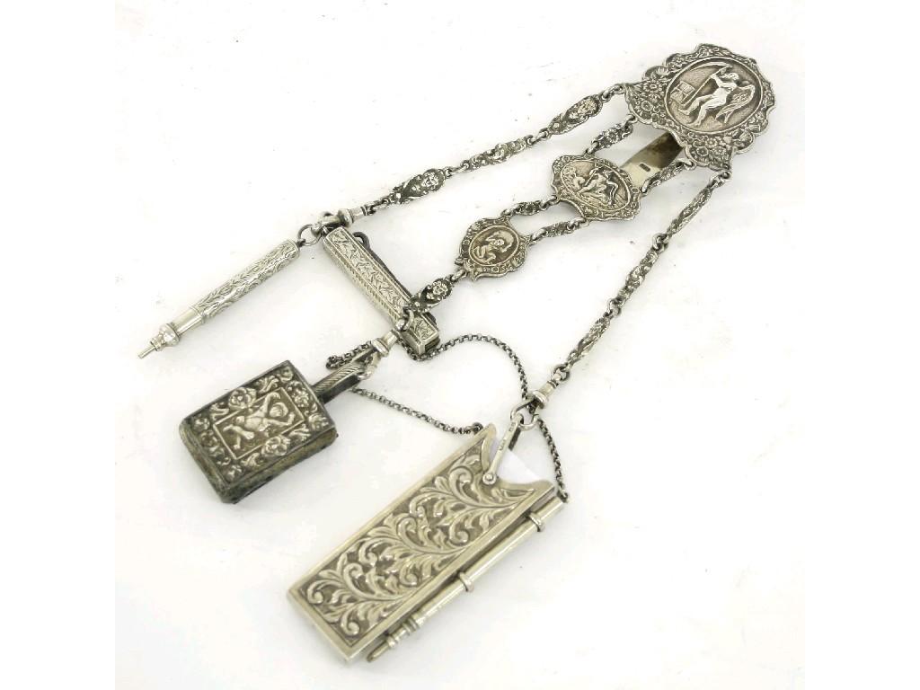 Appraisal: Silver hallmarked chatelaine with associated accessories the clip cast with