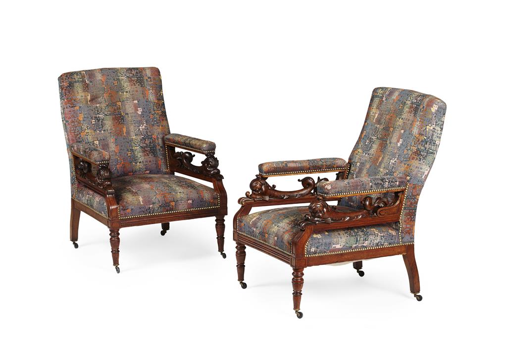 Appraisal: PAIR OF VICTORIAN MAHOGANY CARVED OPEN ARMCHAIRS TH CENTURY the