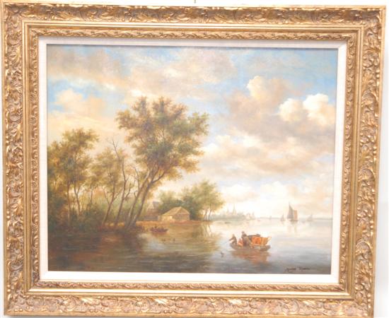 Appraisal: DECORATIVE OIL ON CANVAS Barge with livestock Signed lower right