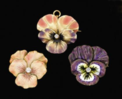 Appraisal: Group of three gold and enamel pansy pins Each with