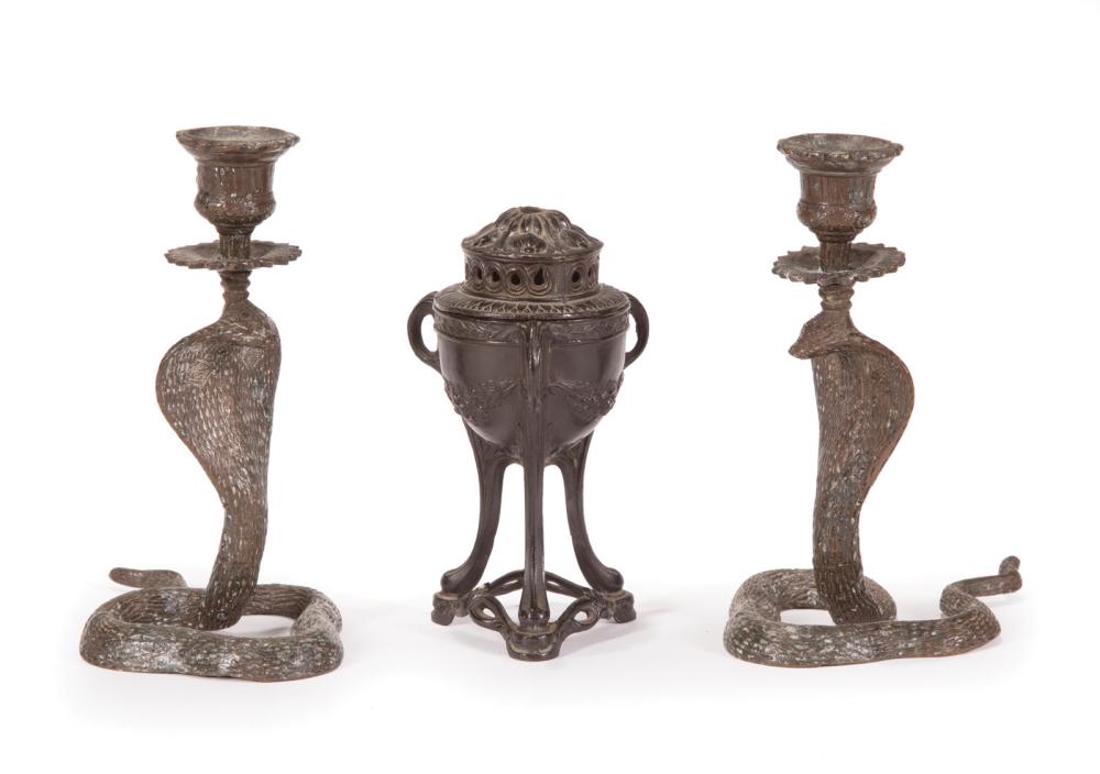 Appraisal: Group of Antique Continental Bronzes incl pair of cobra-form candlesticks