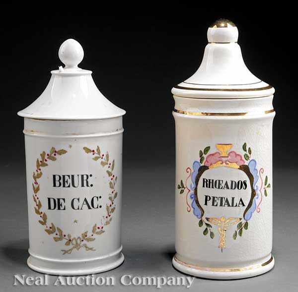 Appraisal: Two Antique French Polychrome and Gilt Porcelain Apothecary Jars th