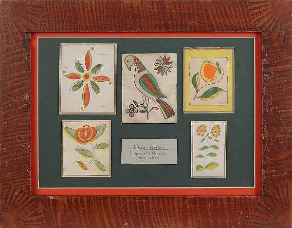 Appraisal: Group of five ink watercolor and woodcut fraktur rewards of