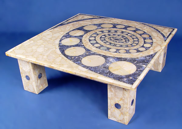 Appraisal: CONTEMPORARY MARBLE MOSAIC COFFEE TABLE Geometric lapis colored and cream