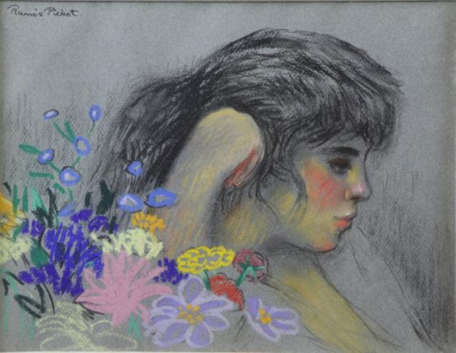 Appraisal: PICHOT SOLER Ramon Pastel of a Girl with FlowersSigned 'Ramon