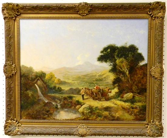 Appraisal: J Houston oil on canvas landscape with figures and wagon