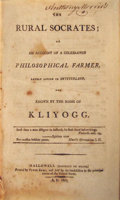 Appraisal: vol Vaughn Benjamin The Rural Socrates or an Account of