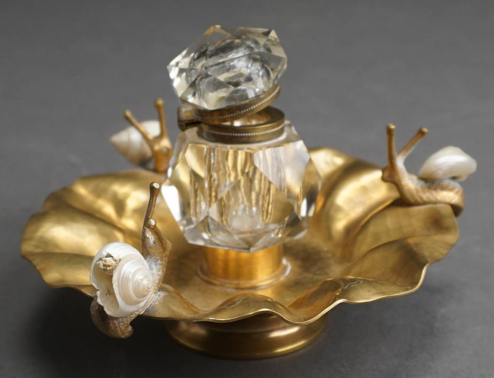 Appraisal: HAMMERED BRASS INKWELL DECORATED WITH MOTHER OF PEARL SNAILSHammered Brass