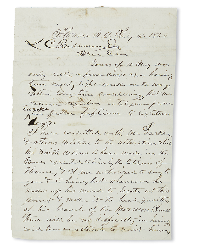 Appraisal: MORMONS Mitchell James C Letter discussing the possible relocation of