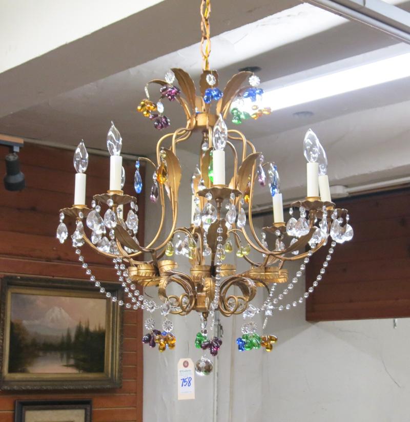 Appraisal: EIGHT-LIGHT GILDED METAL AND COLOR GLASS CHANDELIER Italy mid- th