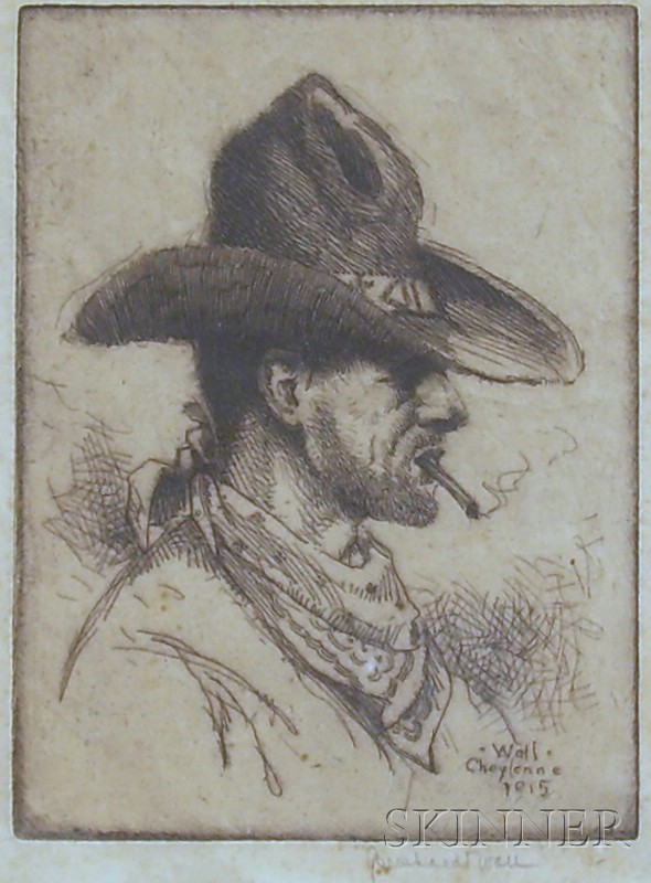 Appraisal: Framed Etching on Paper of a Cowboy by Bernhardt T