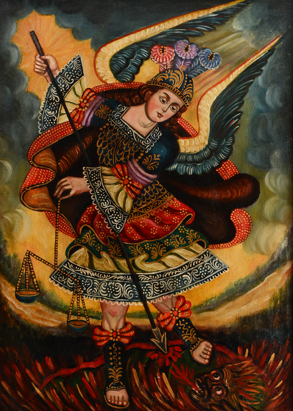 Appraisal: CUZCO SCHOOL ARCHANGEL PAINTING Oil Canvas '' x '' carved