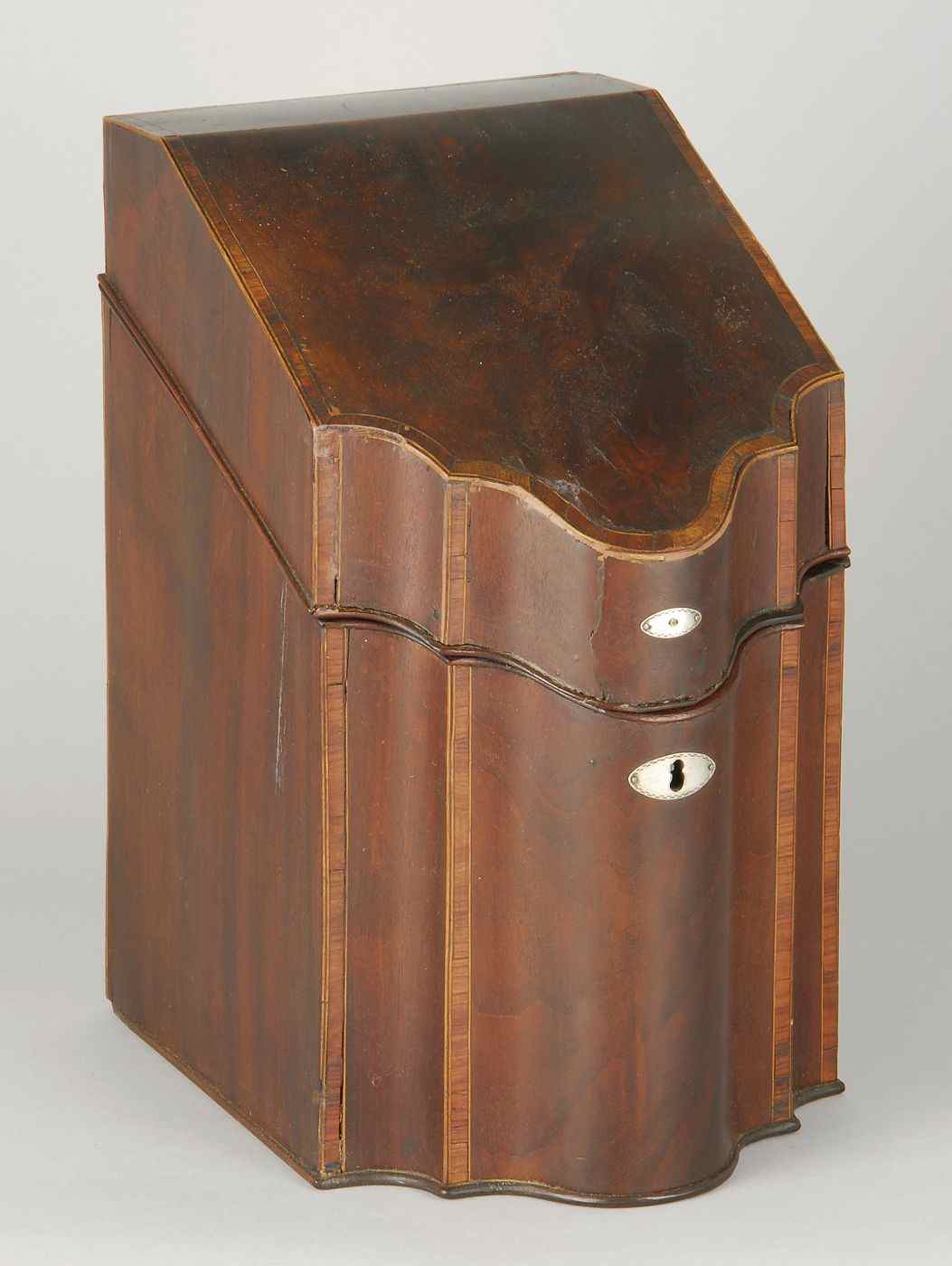 Appraisal: ANTIQUE HEPPLEWHITE SERPENTINE-FRONT KNIFE BOXLate th CenturyIn mahogany with kingwood