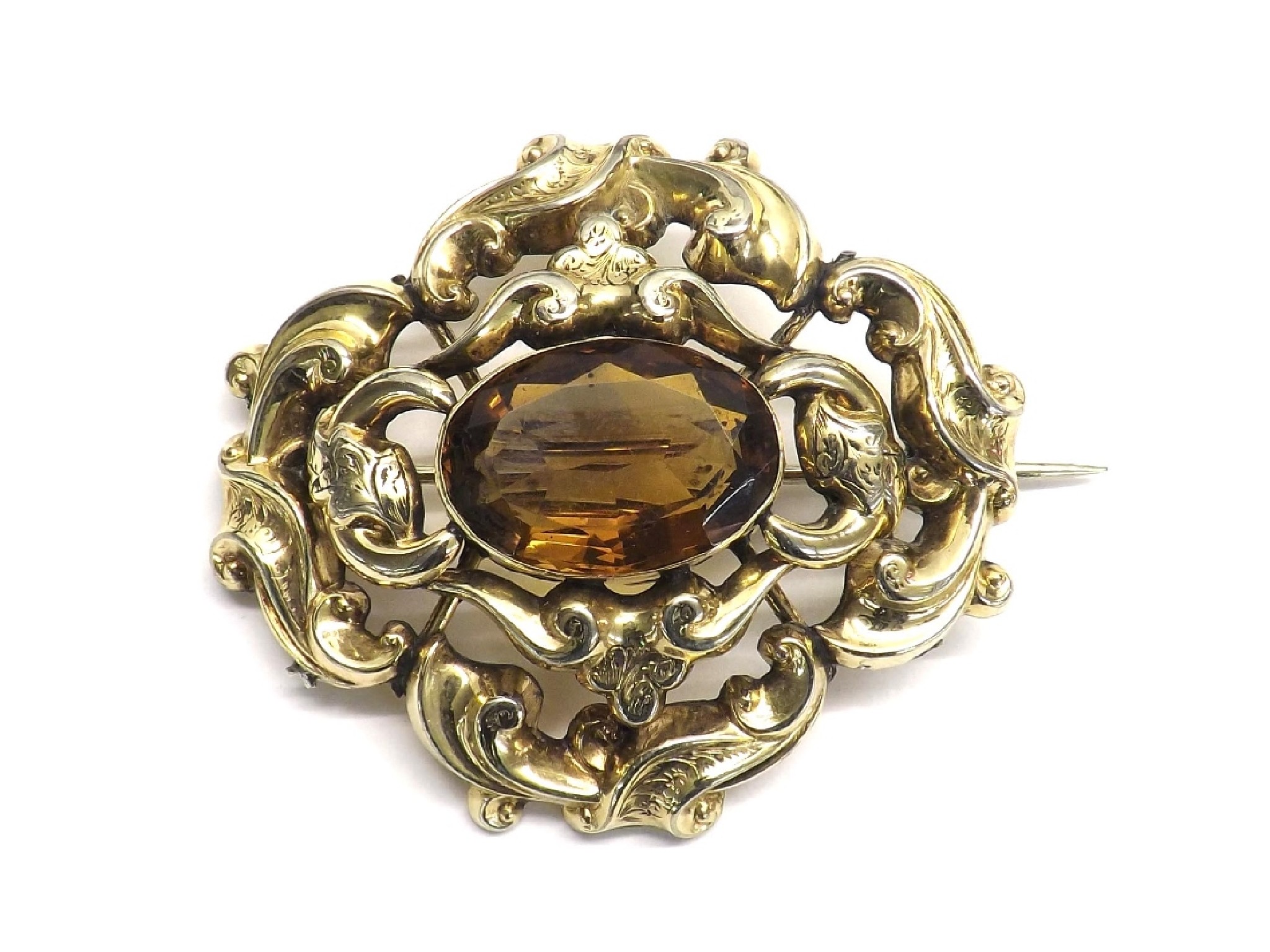 Appraisal: Victorian gold oval repousse openwork brooch set with an oval-cut