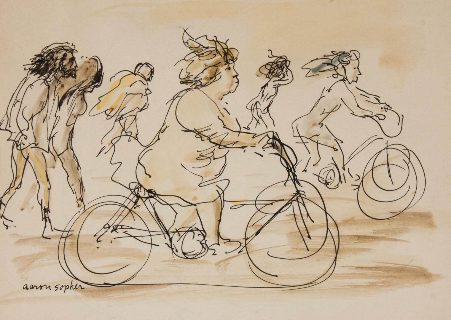 Appraisal: Aaron Sopher Bicyclists pen and ink with wash American -