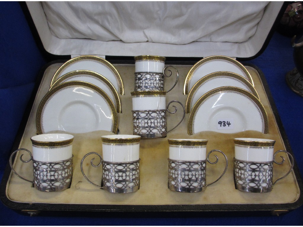 Appraisal: Cased set of six silver mounted Wedgwood coffee cups and