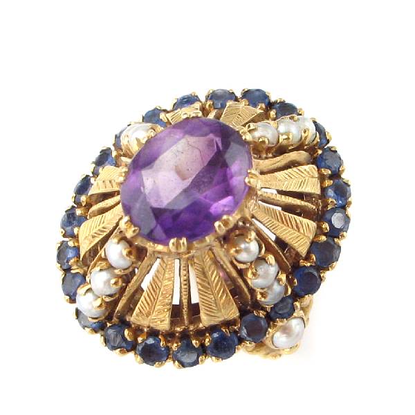 Appraisal: An amethyst sapphire seed pearl and gold princess ring