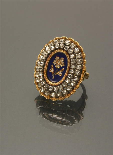 Appraisal: -Karat Yellow-Gold Diamond and Enamel Dinner Ring Circa The central