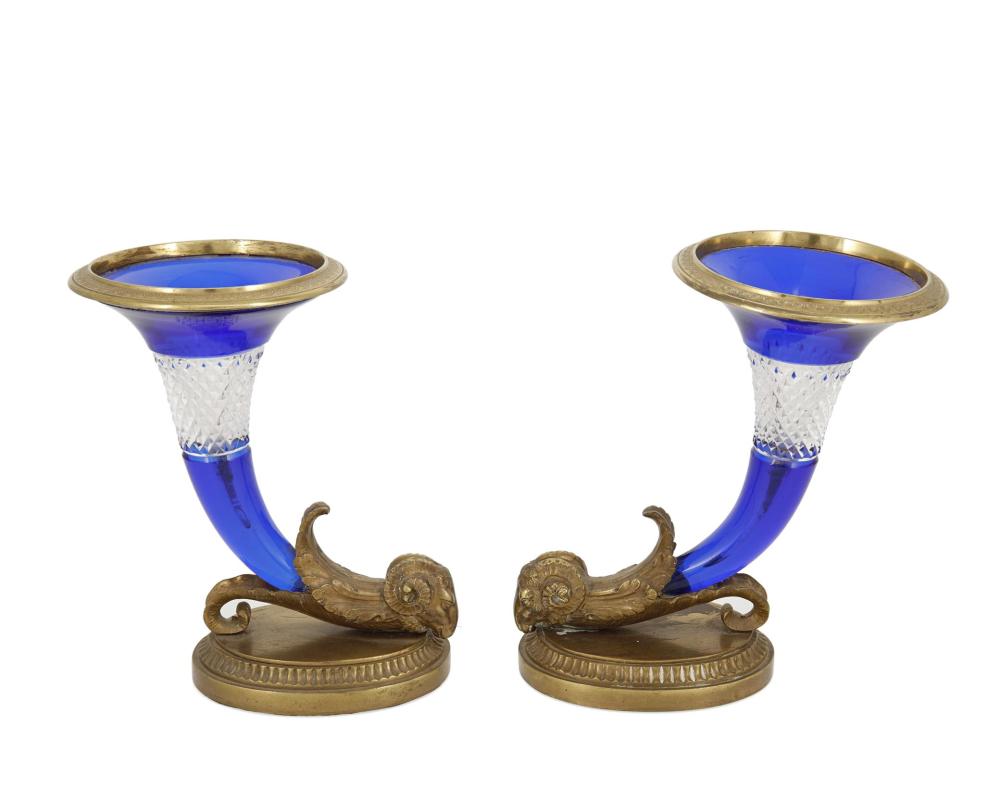 Appraisal: A pair of Austrian cobalt glass cornucopia vases Late th