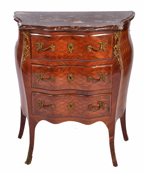 Appraisal: A LOUIS XVI STYLE MARBLE TOP SERPENTINE FRONTED BOMBE COMMODE