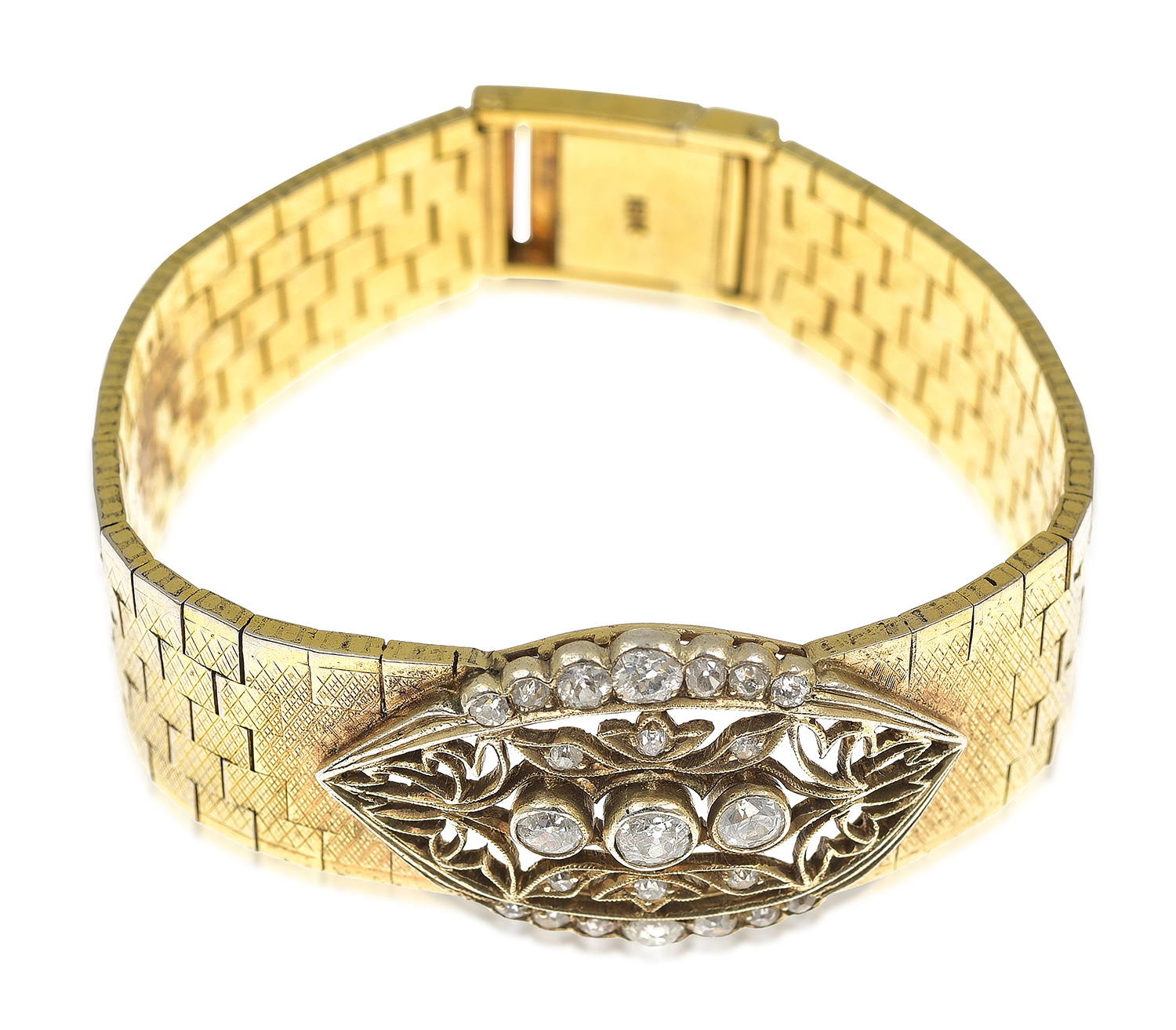 Appraisal: A GOLD AND DIAMOND BRACELET Featuring pierced openwork set with