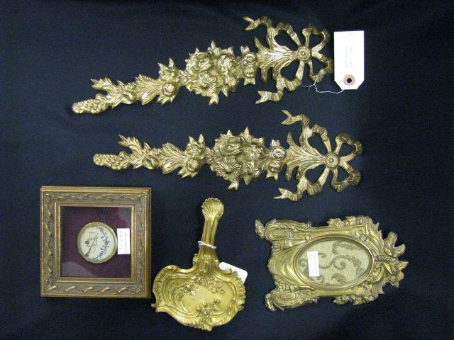 Appraisal: French Decorator Items Victorian brass frame bronze nappy miniature embroidered