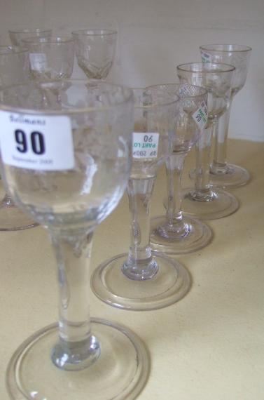 Appraisal: Five engraved plain stemmed wine glasses mid th Century one