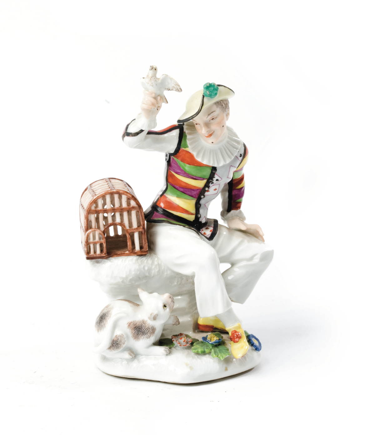 Appraisal: GERMAN PORCELAIN FIGURE OF HARLEQUIN WITH A BIRD POSSIBLY MEISSEN