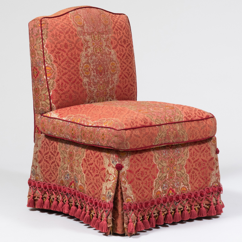 Appraisal: Modern Upholstered Givenchy Slipper Chair with Tasseled Trim On stained