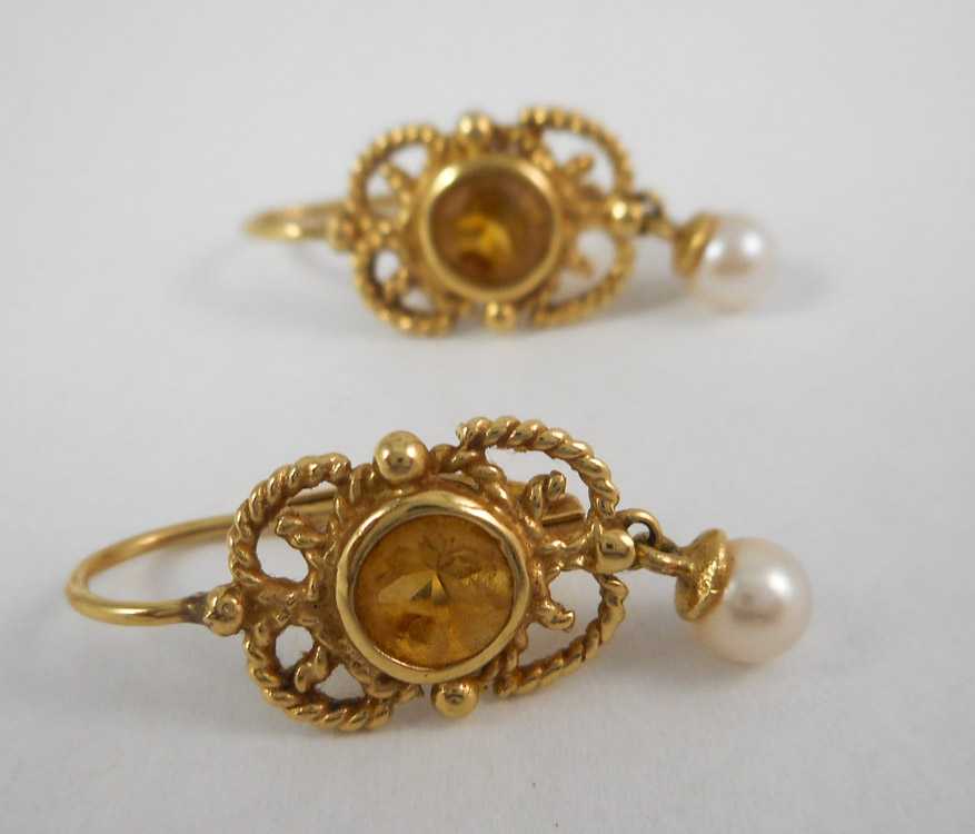 Appraisal: PAIR OF CITRINE AND PEARL EARRINGS each k yellow gold