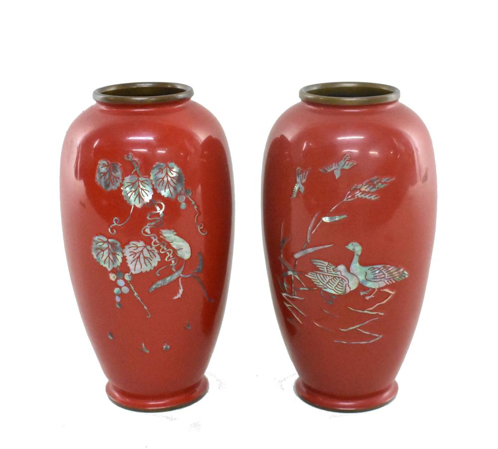 Appraisal: PAIR OF ASIAN MOTHER-OF-PEARL ENAMEL VASES Each of tapered vase