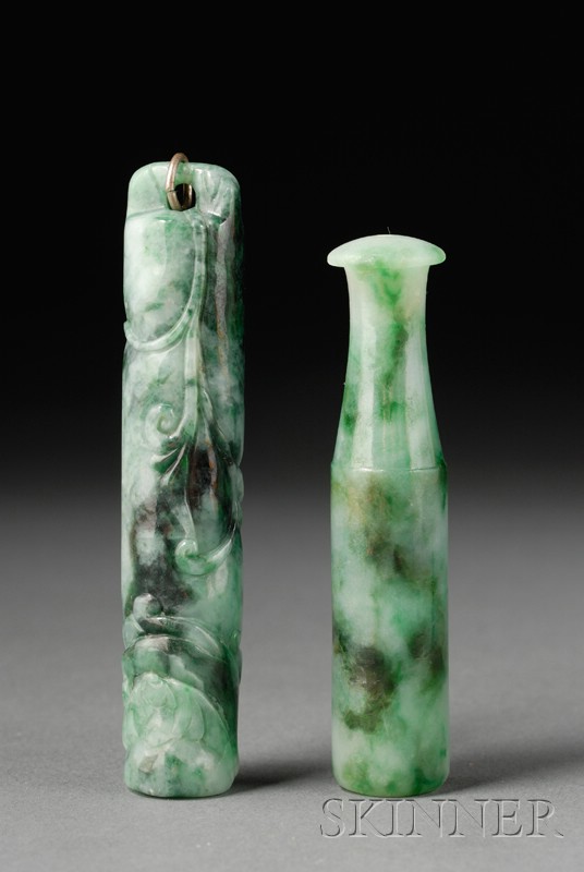 Appraisal: Two Jade Plume Holders th century green with emerald areas